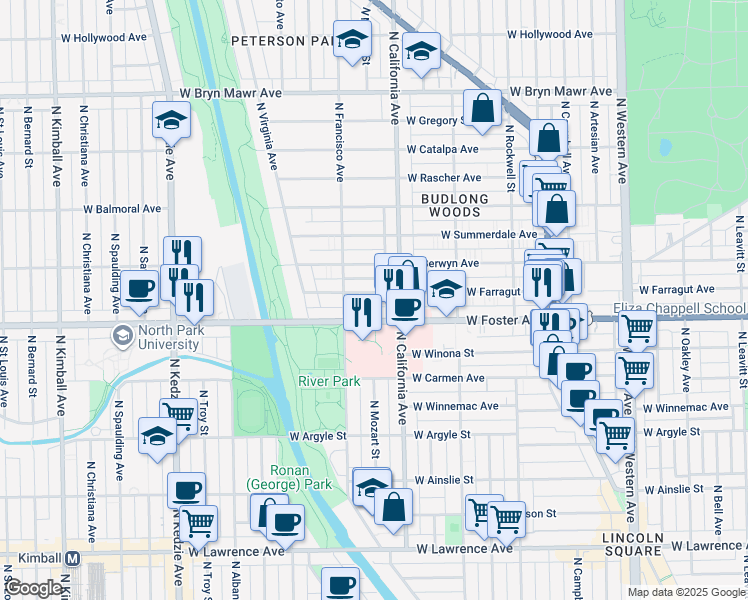 map of restaurants, bars, coffee shops, grocery stores, and more near 2836 West Foster Avenue in Chicago