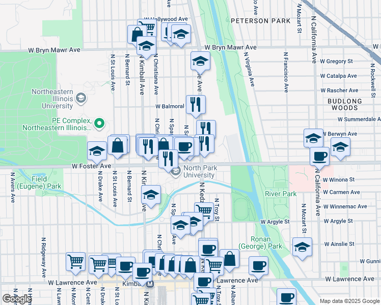 map of restaurants, bars, coffee shops, grocery stores, and more near 3210 West Foster Avenue in Chicago