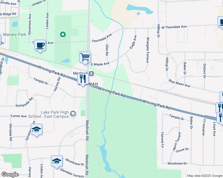 map of restaurants, bars, coffee shops, grocery stores, and more near 6N748 Valley Lane in Itasca