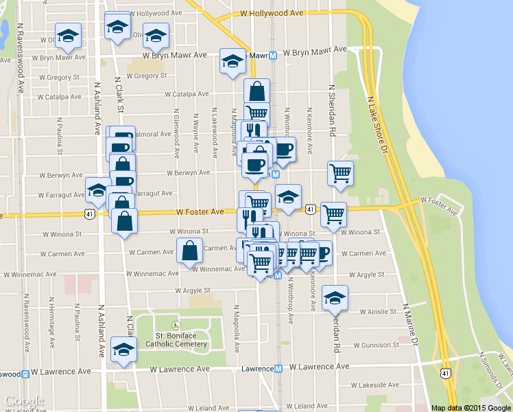 map of restaurants, bars, coffee shops, grocery stores, and more near 5206 N Broadway St in Chicago