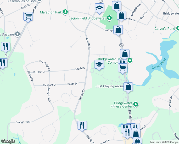 map of restaurants, bars, coffee shops, grocery stores, and more near 500 South Street in Bridgewater