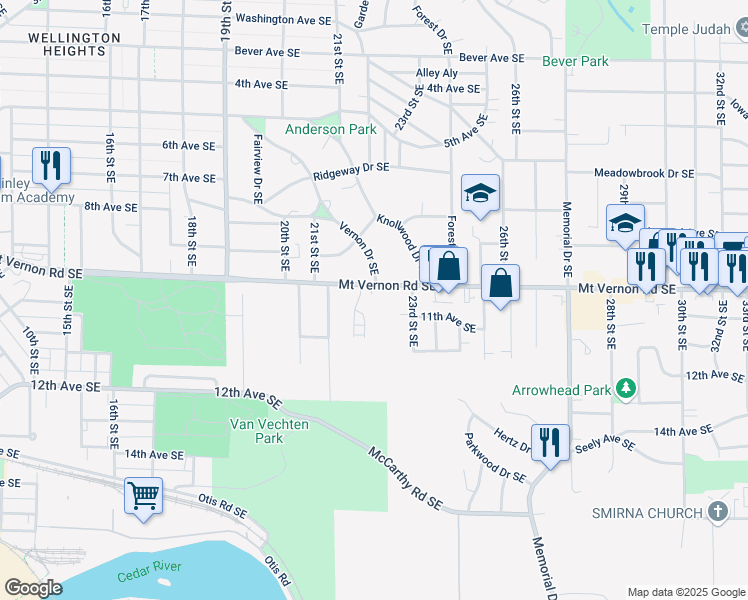map of restaurants, bars, coffee shops, grocery stores, and more near 2149 Mount Vernon Road Southeast in Cedar Rapids