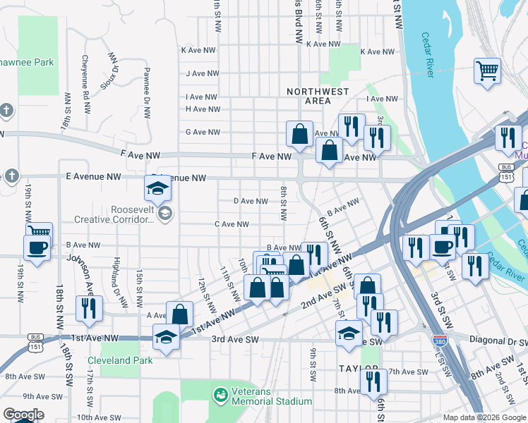 map of restaurants, bars, coffee shops, grocery stores, and more near 902 C Avenue Northwest in Cedar Rapids