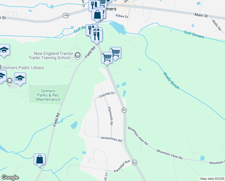 map of restaurants, bars, coffee shops, grocery stores, and more near 144 South Road in Somers