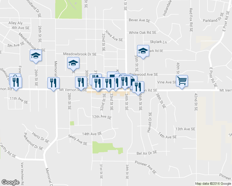 map of restaurants, bars, coffee shops, grocery stores, and more near 3307 Mount Vernon Road Southeast in Cedar Rapids