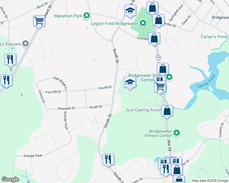 map of restaurants, bars, coffee shops, grocery stores, and more near 500 South Street in Bridgewater