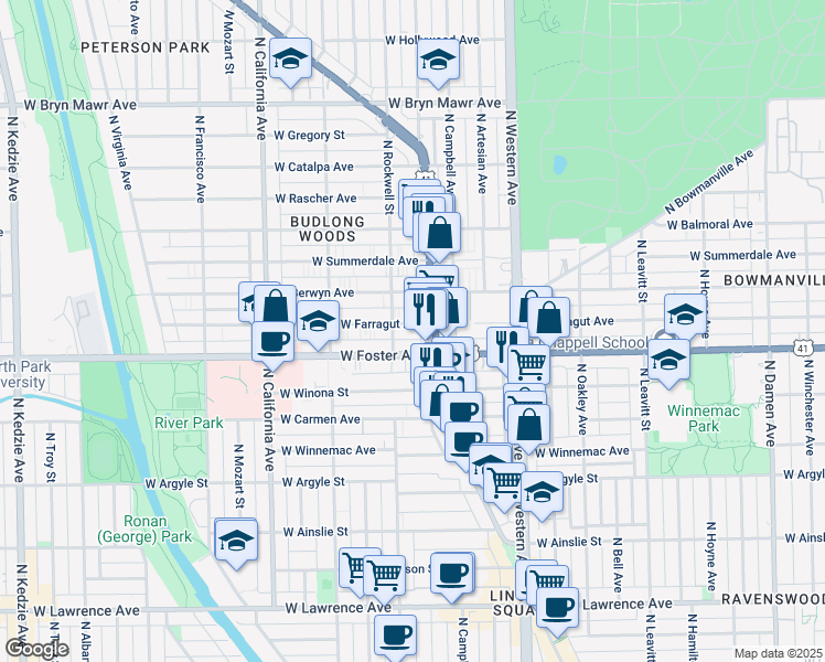 map of restaurants, bars, coffee shops, grocery stores, and more near 2521 West Farragut Avenue in Chicago
