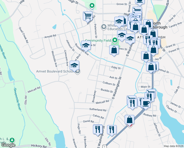 map of restaurants, bars, coffee shops, grocery stores, and more near 60 Broadway in North Attleborough