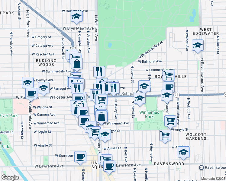map of restaurants, bars, coffee shops, grocery stores, and more near 2300 West Foster Avenue in Chicago