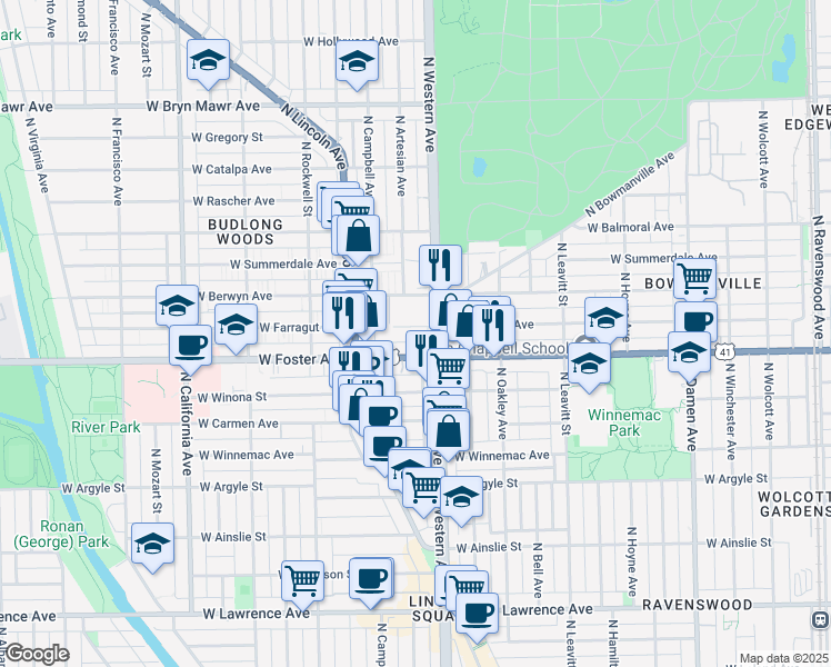 map of restaurants, bars, coffee shops, grocery stores, and more near 2417 West Farragut Avenue in Chicago