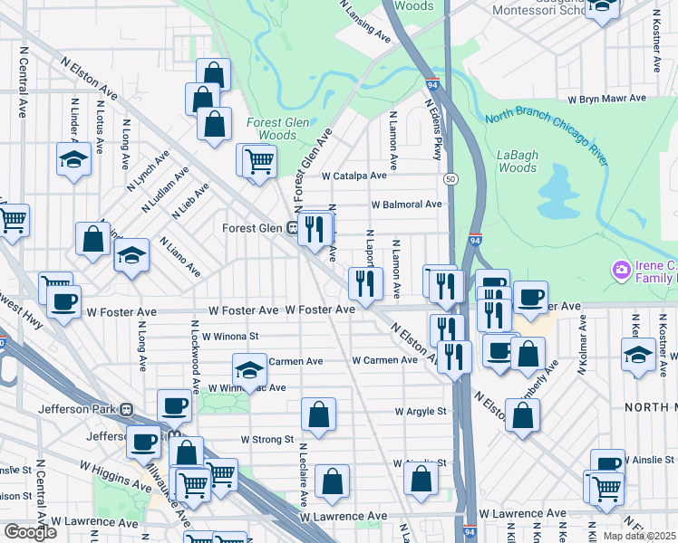 map of restaurants, bars, coffee shops, grocery stores, and more near 5241 North Lawler Avenue in Chicago