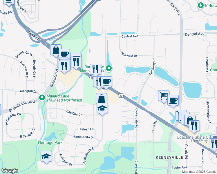 map of restaurants, bars, coffee shops, grocery stores, and more near 1053 East Lake Street in Roselle