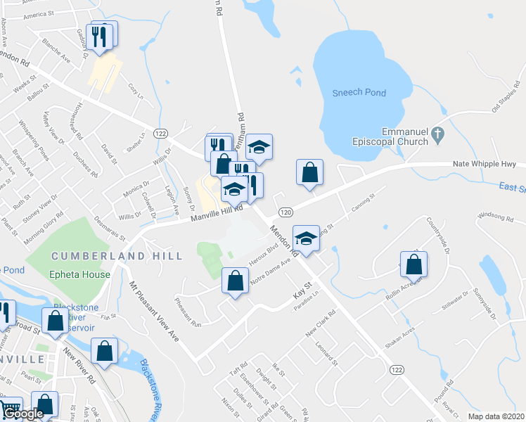 map of restaurants, bars, coffee shops, grocery stores, and more near 205 Manville Hill Road in Cumberland