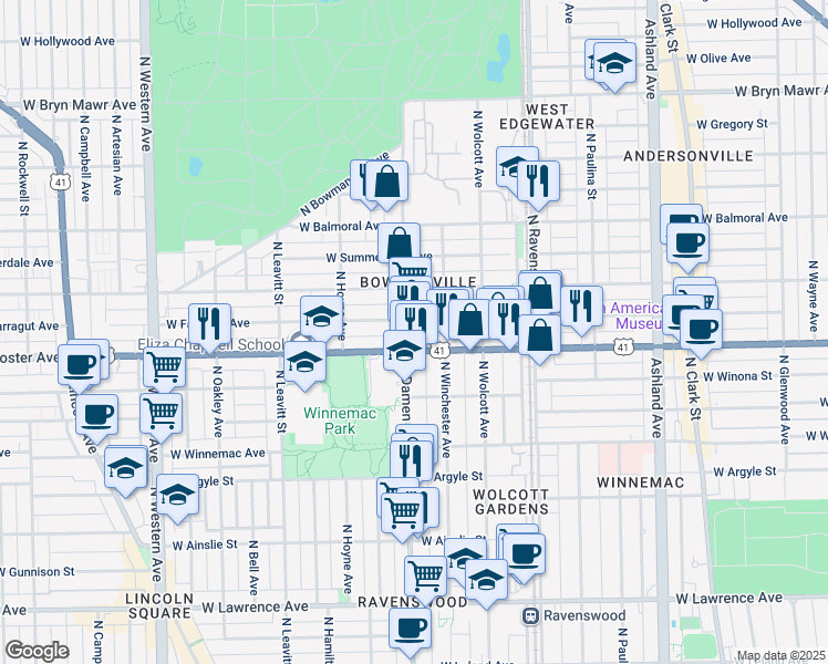 map of restaurants, bars, coffee shops, grocery stores, and more near in Chicago