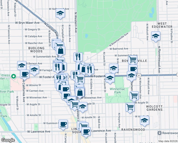 map of restaurants, bars, coffee shops, grocery stores, and more near 2300 West Foster Avenue in Chicago