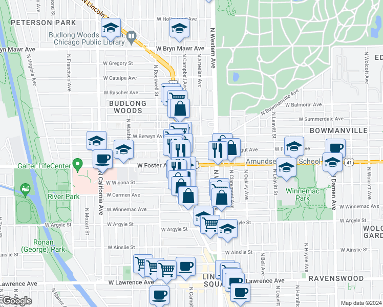 map of restaurants, bars, coffee shops, grocery stores, and more near 2460 U.S. 41 in Chicago