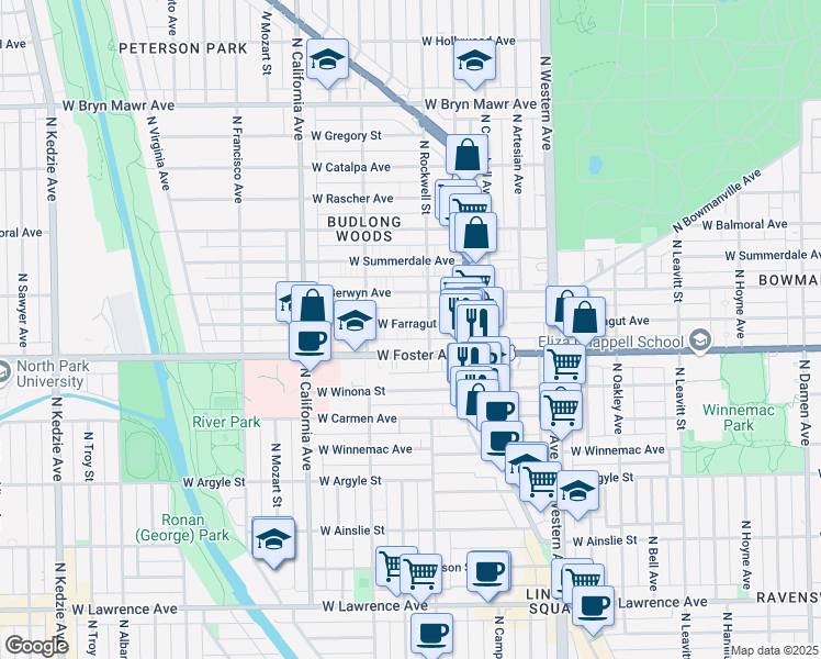 map of restaurants, bars, coffee shops, grocery stores, and more near 204 West Foster Avenue in Chicago
