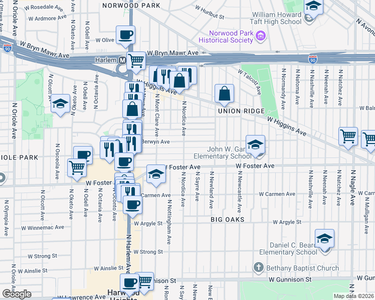 map of restaurants, bars, coffee shops, grocery stores, and more near 7001 West Farragut Avenue in Chicago