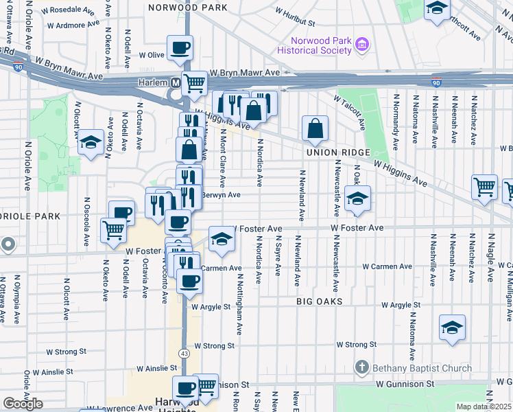 map of restaurants, bars, coffee shops, grocery stores, and more near 7001 West Farragut Avenue in Chicago