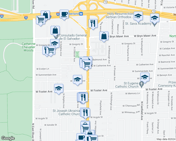 map of restaurants, bars, coffee shops, grocery stores, and more near 5306 North Cumberland Avenue in Chicago