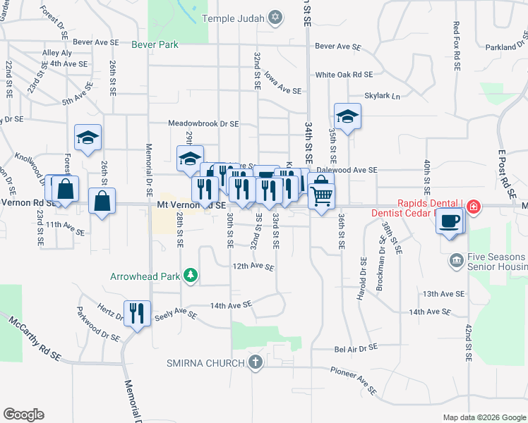 map of restaurants, bars, coffee shops, grocery stores, and more near 924 32nd Street Southeast in Cedar Rapids