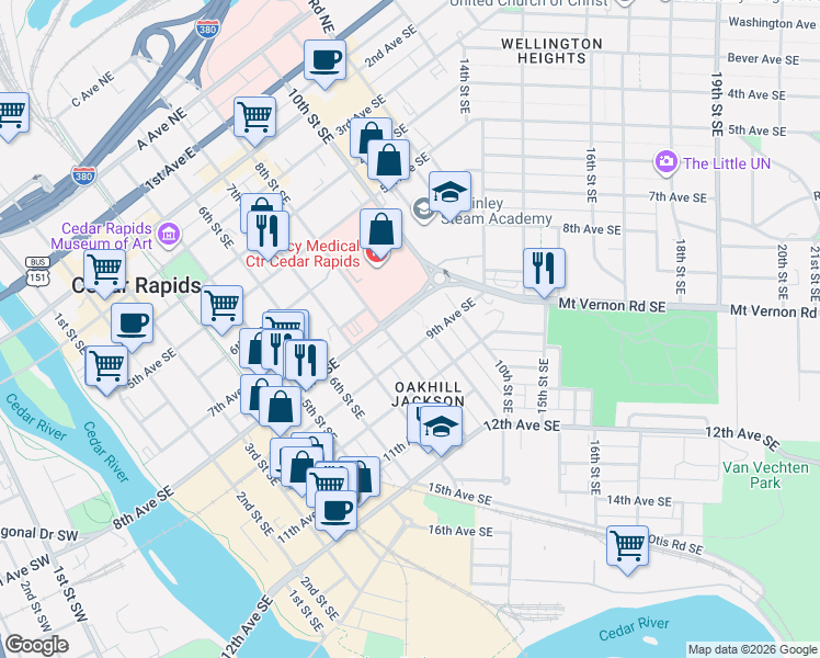 map of restaurants, bars, coffee shops, grocery stores, and more near 817 9th Street Southwest in Cedar Rapids