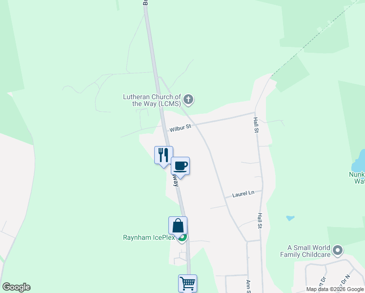 map of restaurants, bars, coffee shops, grocery stores, and more near 1753 Broadway in Raynham