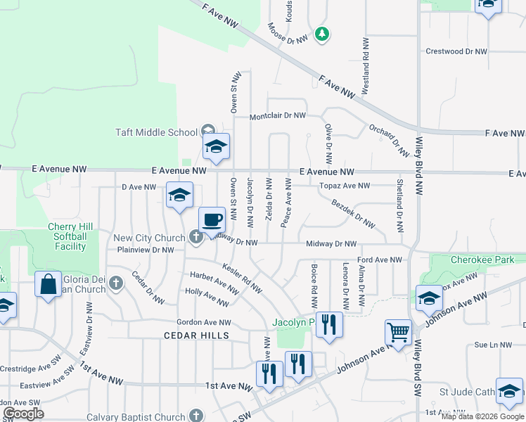map of restaurants, bars, coffee shops, grocery stores, and more near 408 Zelda Drive Northwest in Cedar Rapids