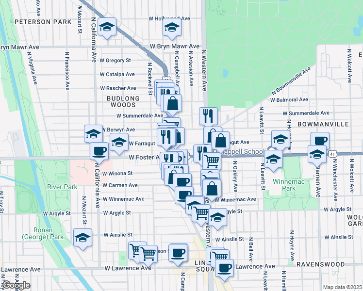 map of restaurants, bars, coffee shops, grocery stores, and more near 5230 North Campbell Avenue in Chicago