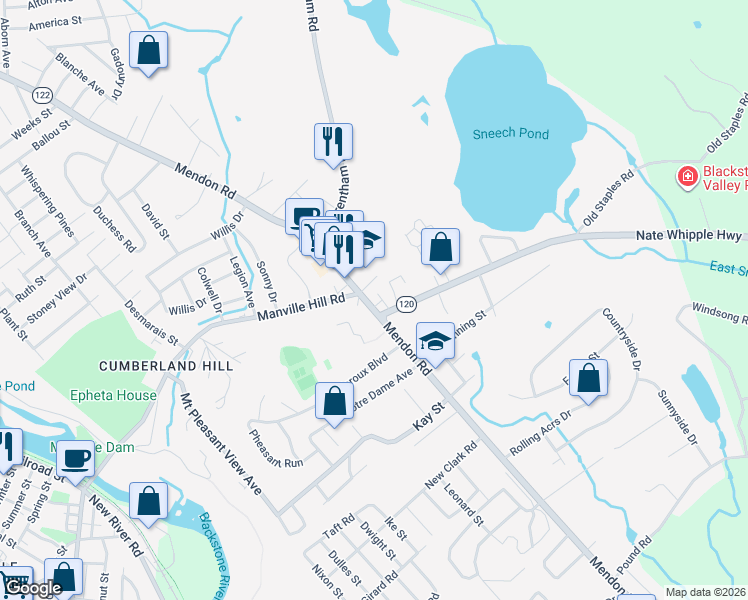 map of restaurants, bars, coffee shops, grocery stores, and more near 3335 Mendon Road in Cumberland