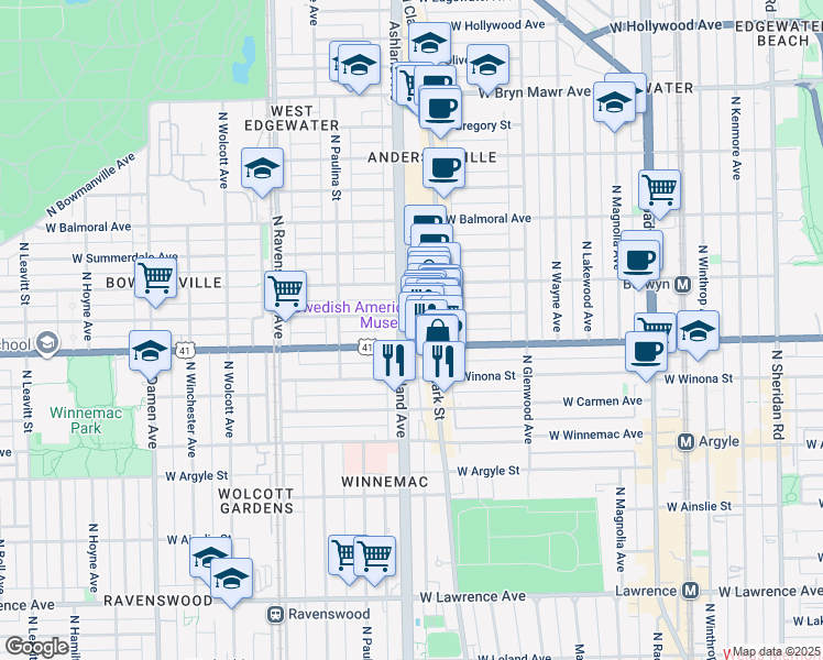 map of restaurants, bars, coffee shops, grocery stores, and more near 5215 North Ashland Avenue in Chicago