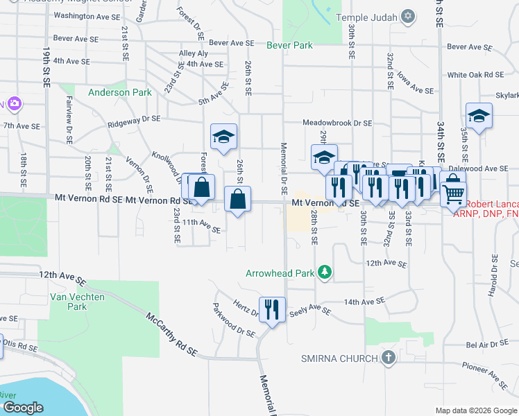 map of restaurants, bars, coffee shops, grocery stores, and more near 932 Norwood Drive Southeast in Cedar Rapids