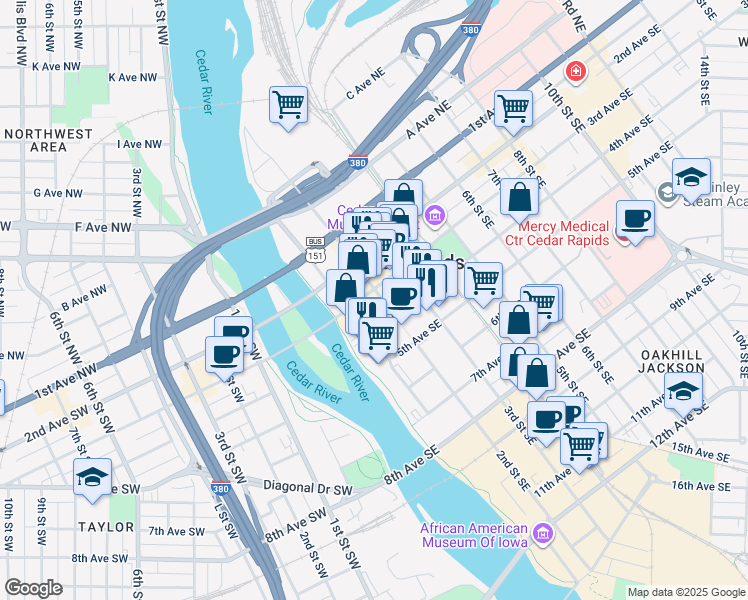 map of restaurants, bars, coffee shops, grocery stores, and more near in Cedar Rapids