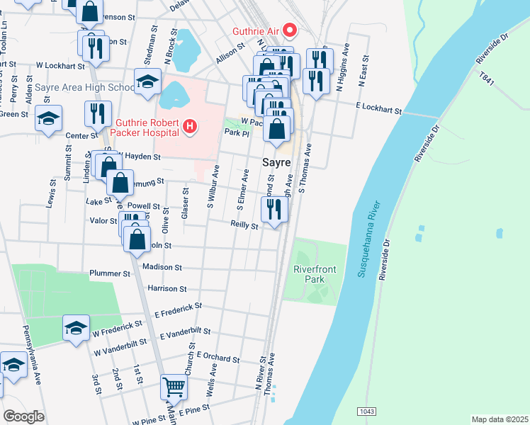 map of restaurants, bars, coffee shops, grocery stores, and more near 97 Reilly Street in Sayre
