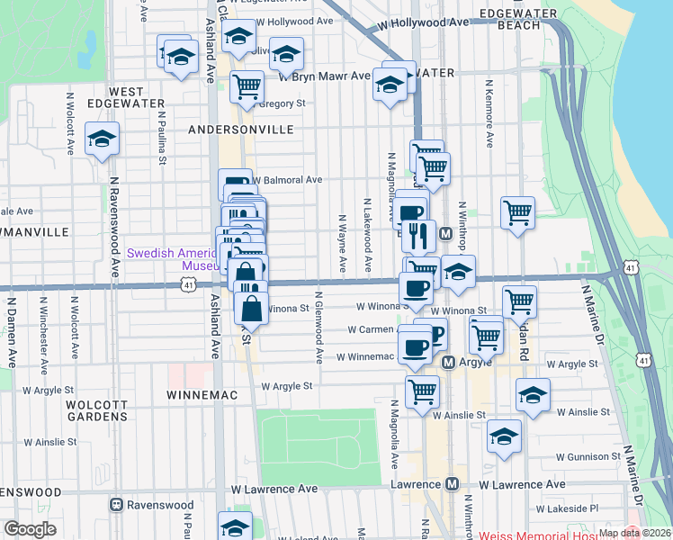 map of restaurants, bars, coffee shops, grocery stores, and more near 5145 North Glenwood Avenue in Chicago