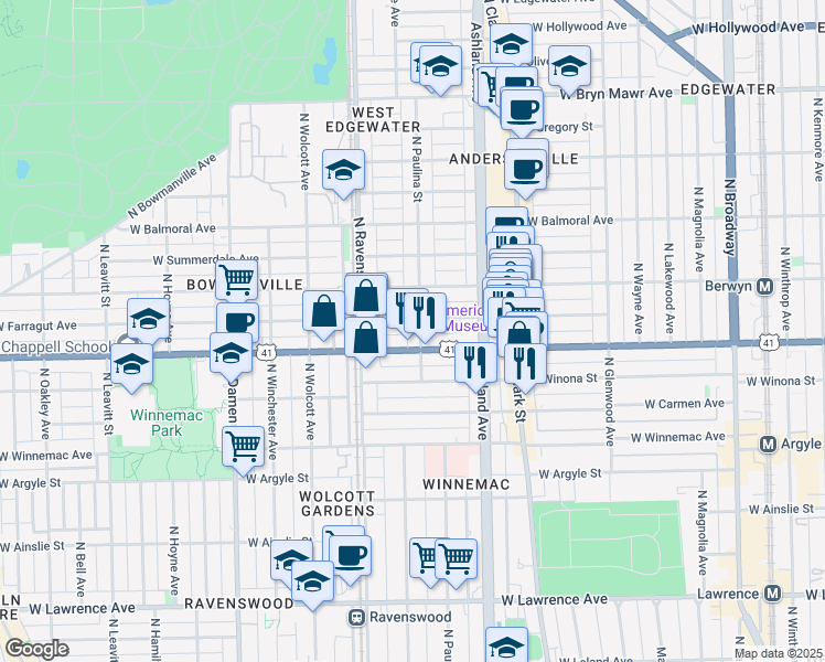 map of restaurants, bars, coffee shops, grocery stores, and more near in Chicago