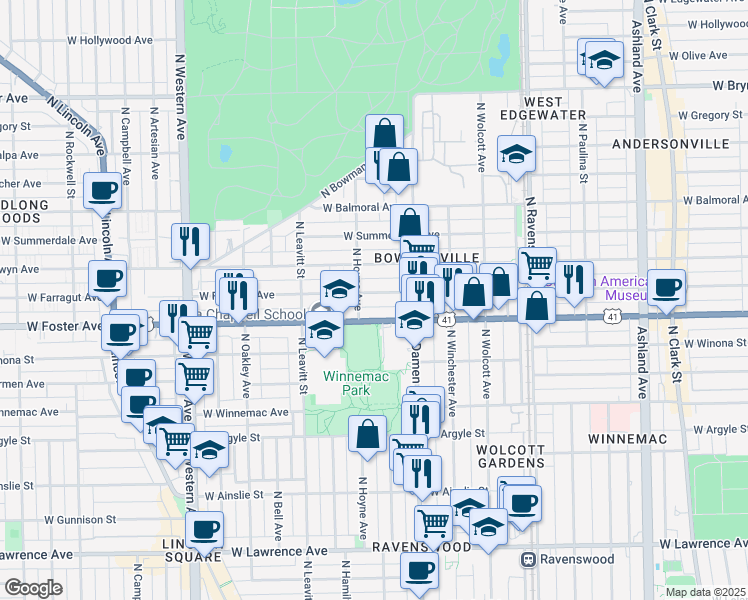 map of restaurants, bars, coffee shops, grocery stores, and more near 2042 West Foster Avenue in Chicago