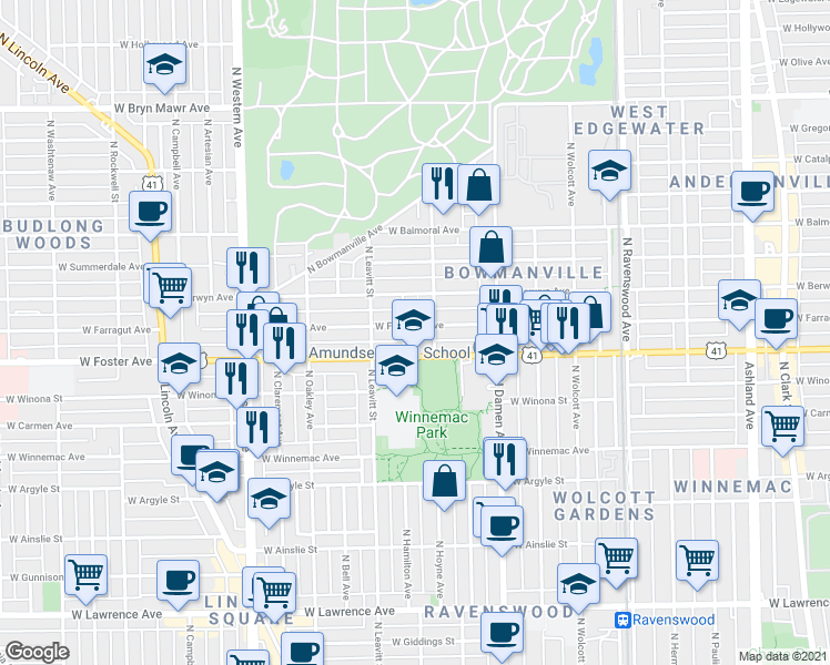 map of restaurants, bars, coffee shops, grocery stores, and more near 2116 West Foster Avenue in Chicago