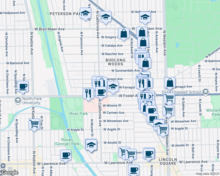 map of restaurants, bars, coffee shops, grocery stores, and more near 2720 West Foster Avenue in Chicago