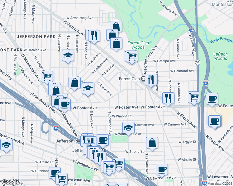 map of restaurants, bars, coffee shops, grocery stores, and more near 5225 North Latrobe Avenue in Chicago