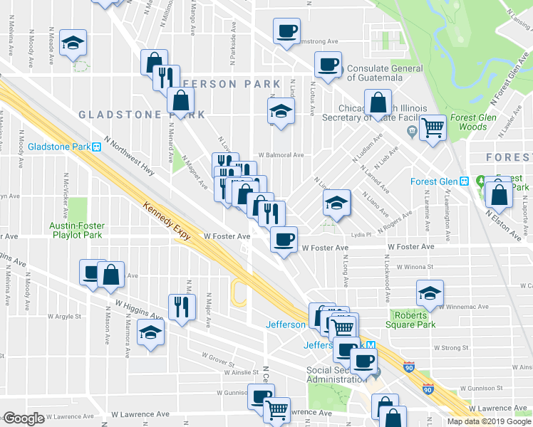 map of restaurants, bars, coffee shops, grocery stores, and more near 5218 North Milwaukee Avenue in Chicago