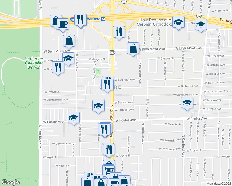 map of restaurants, bars, coffee shops, grocery stores, and more near 8340 West Berwyn Avenue in Chicago