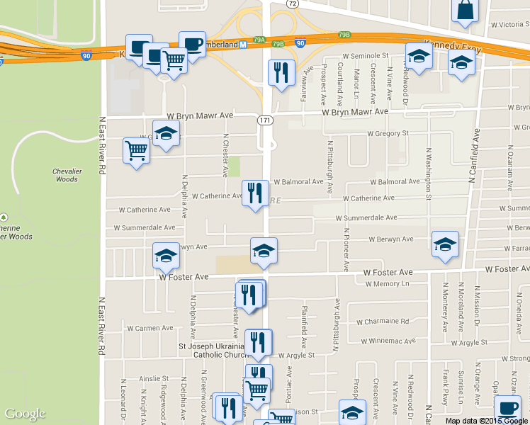 map of restaurants, bars, coffee shops, grocery stores, and more near 5306 North Cumberland Avenue in Chicago