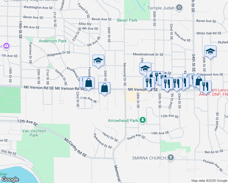 map of restaurants, bars, coffee shops, grocery stores, and more near 932 Norwood Drive Southeast in Cedar Rapids