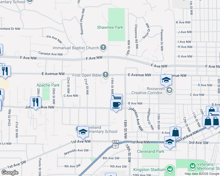 map of restaurants, bars, coffee shops, grocery stores, and more near 409 19th Street Northwest in Cedar Rapids