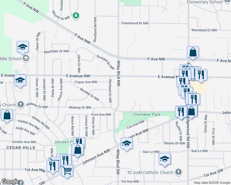 map of restaurants, bars, coffee shops, grocery stores, and more near 331 Shetland Drive Northwest in Cedar Rapids