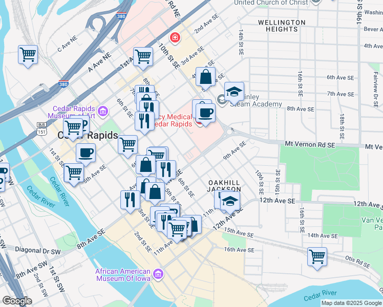 map of restaurants, bars, coffee shops, grocery stores, and more near 788 8th Avenue Southeast in Cedar Rapids