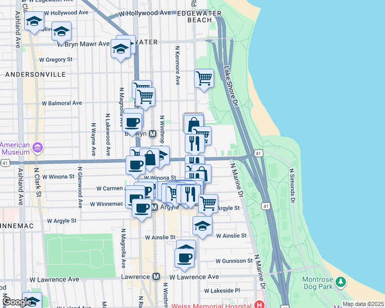 map of restaurants, bars, coffee shops, grocery stores, and more near 5200 North Sheridan Road in Chicago