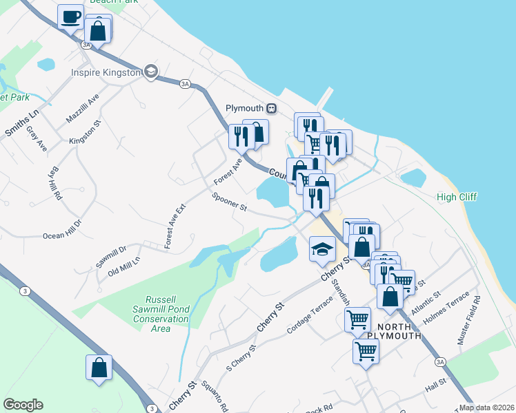 map of restaurants, bars, coffee shops, grocery stores, and more near 26 South Spooner Street in Plymouth