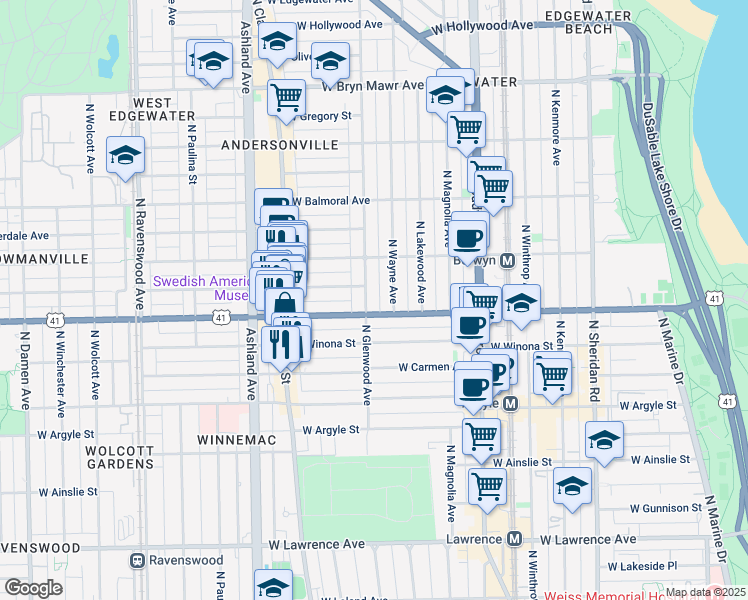 map of restaurants, bars, coffee shops, grocery stores, and more near 5211 North Glenwood Avenue in Chicago